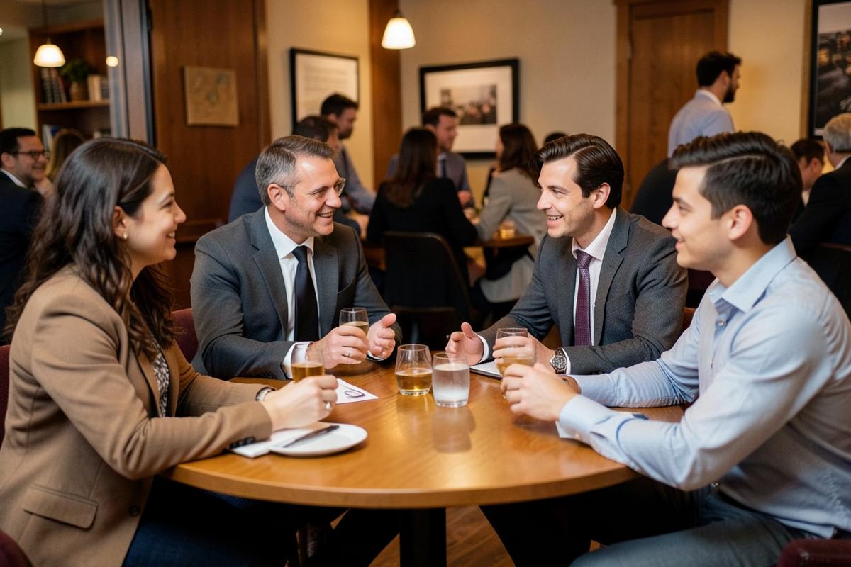 Participantes conversando em mesa durante networking